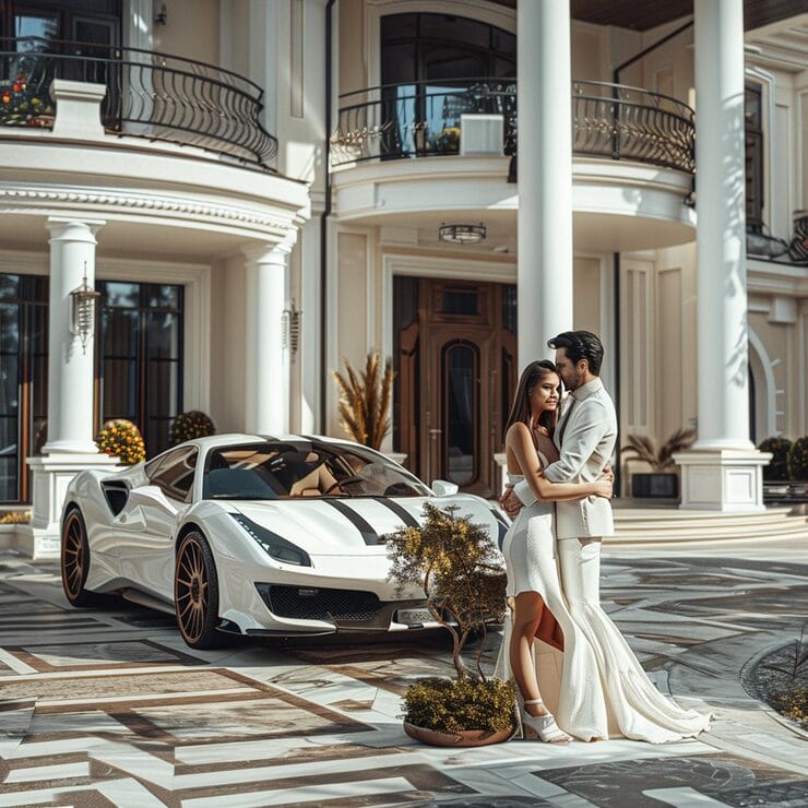 luxury lifestyle couple hugging front their elegant home expensive vehicle_1274913 13238